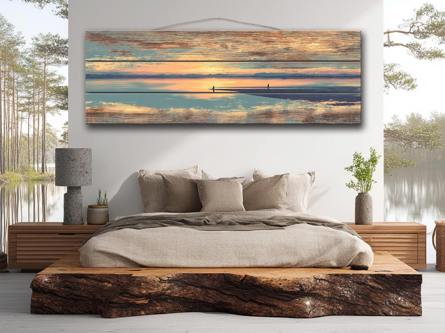 Sunrise Beach Yoga Print – Wooden Yoga Wall Art With Coastal Meditation Scene