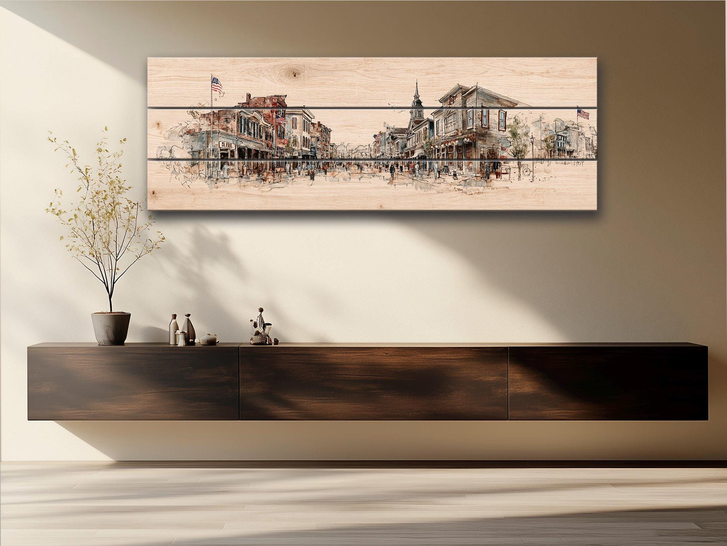 Vintage Americana Wall Art – Main Street Print on Wood with Rustic Farmhouse Charm