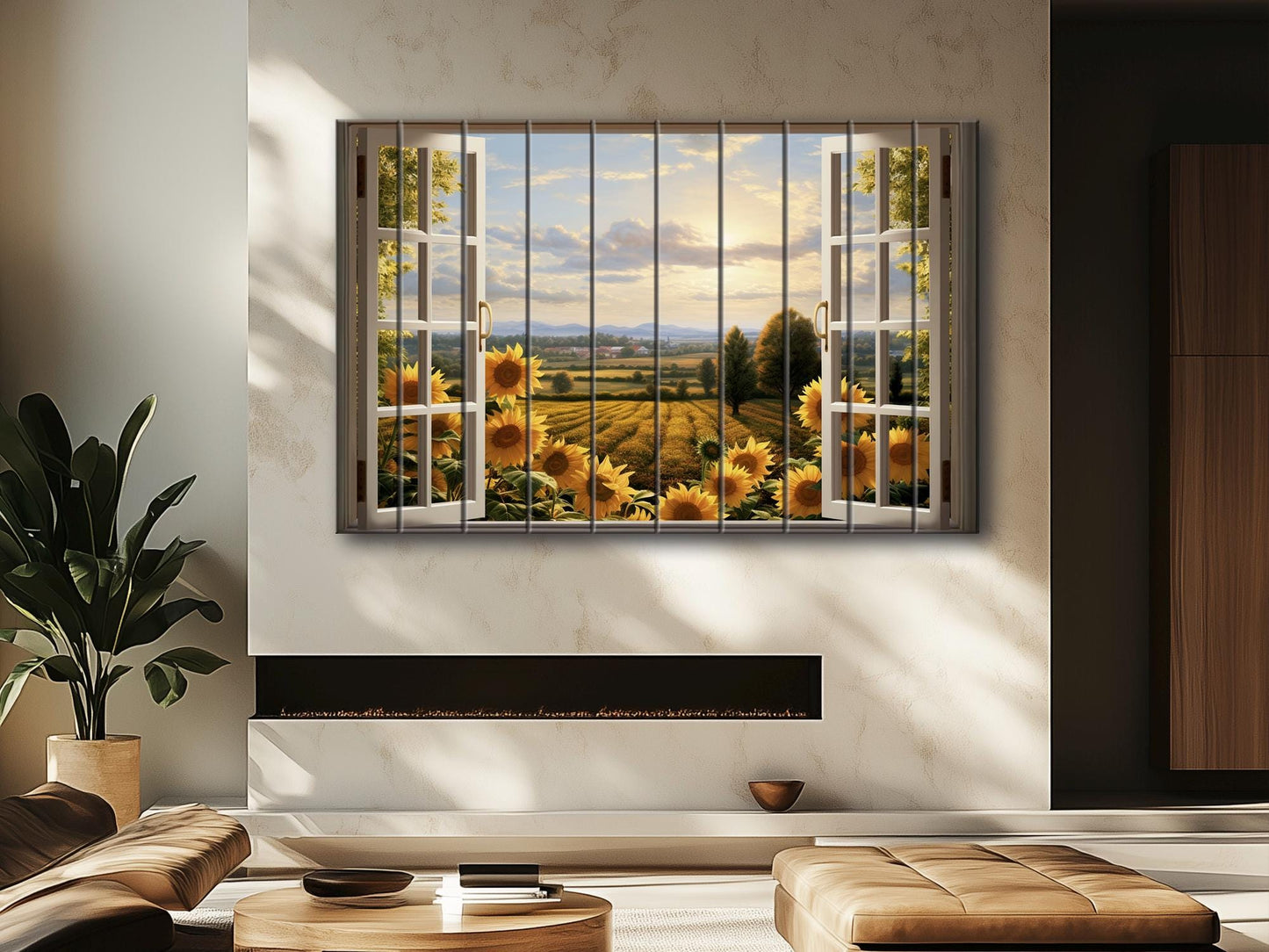 Rustic Wood Wall Art – Sunflowers Wall Art with Open Window Field View Print