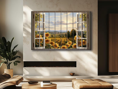 Rustic Wood Wall Art – Sunflowers Wall Art with Open Window Field View Print