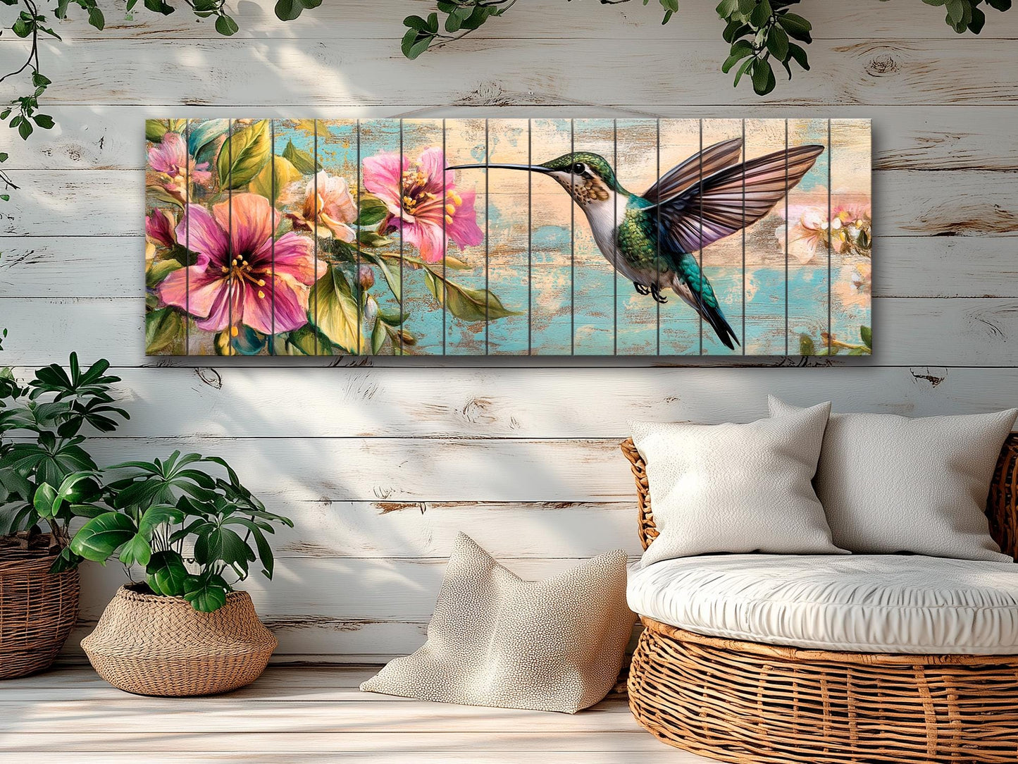 Hummingbird Wood Art – Tropical Floral Print | Rustic Wood Wall Decor, Ready to Hang