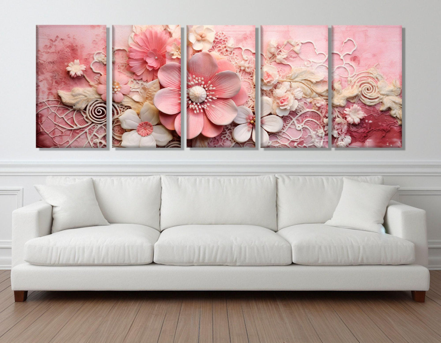 Abstract Floral Canvas Print – Pink Damask, Embroidered Doily Art | Ready to Hang