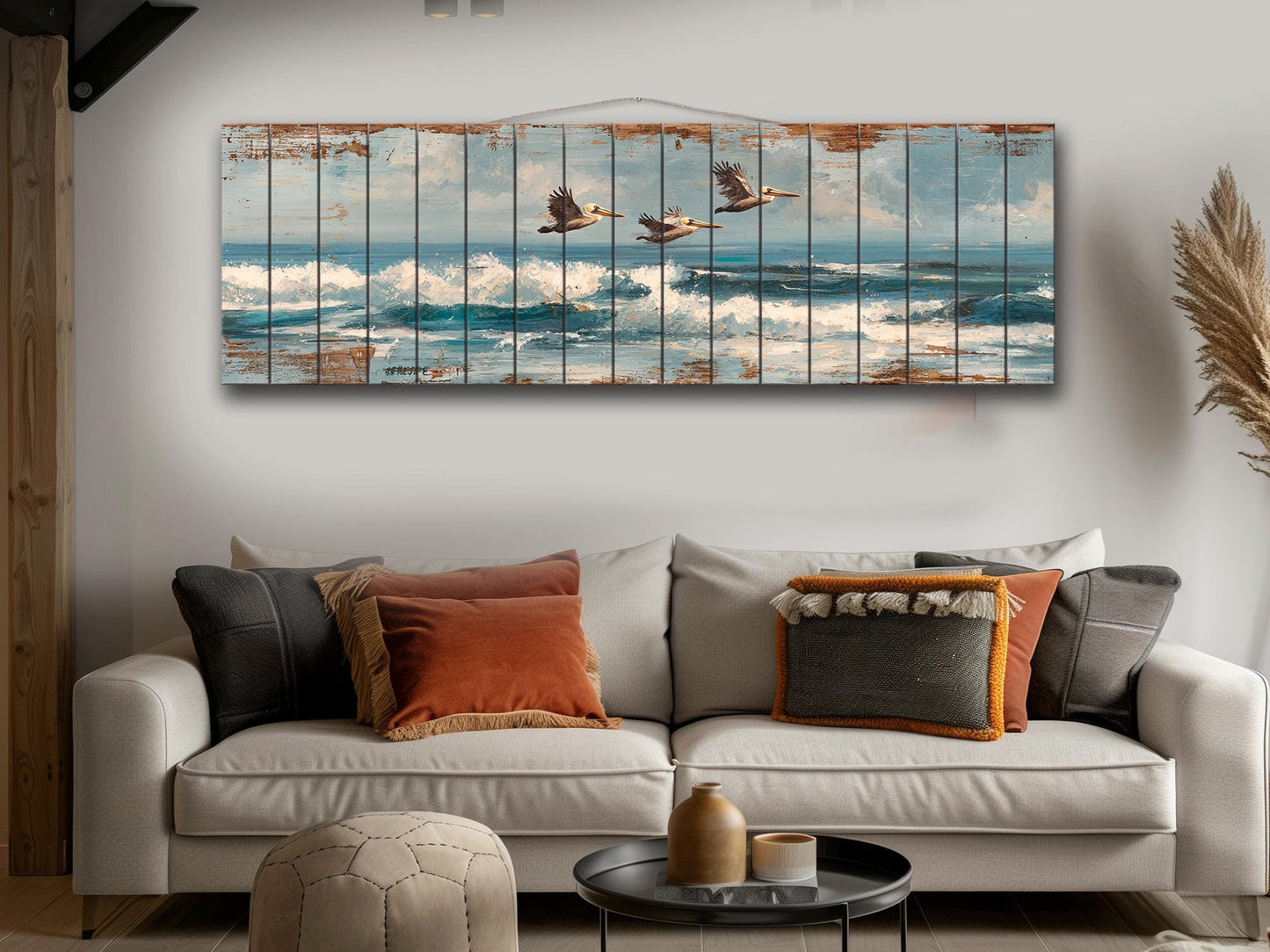 Pelicans Print Wood - Coastal Wall Art With Ocean Waves Painting & Sky Reflection