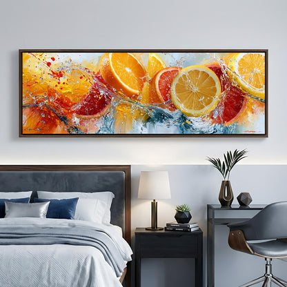 a large, colorful painting of oranges and water splashing on a wall above a bed with a gray headboard.