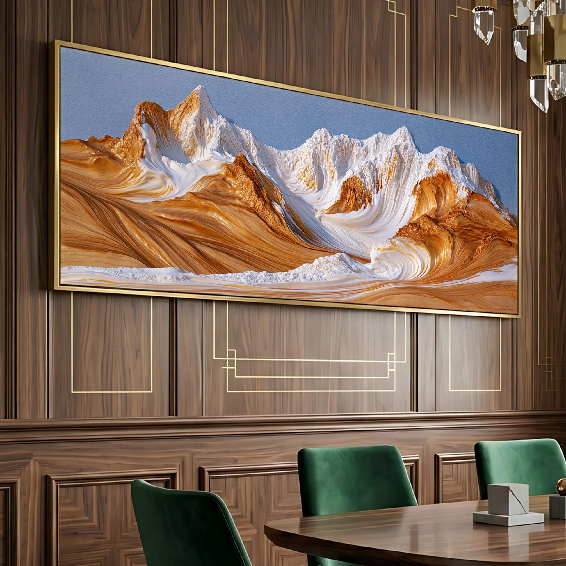a large, framed painting of a mountain landscape with a blue sky and orange and white peaks. The painting is displayed on a wooden wall, and there are green chairs positioned in front of it.