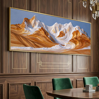 a large, framed painting of a mountain landscape with a blue sky and orange and white peaks. The painting is displayed on a wooden wall, and there are green chairs positioned in front of it.