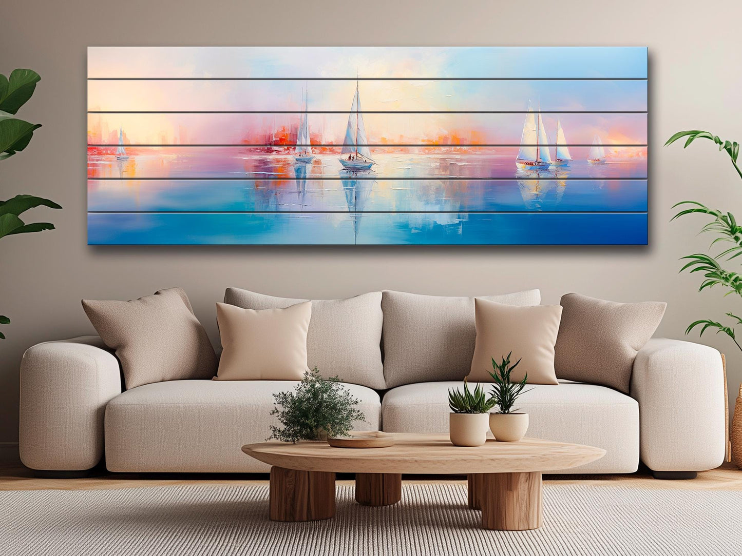 Nautical Wood Wall Art – Abstract Sailboats Painting Printed on Wood, Rustic Coastal Decor