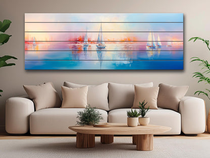 Nautical Wood Wall Art – Abstract Sailboats Painting Printed on Wood, Rustic Coastal Decor