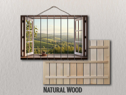 Wood Wall Art - Open Window with Tuscany Landscape Print on Natural Wood, Tuscany Painting, Mountain View in Interior, Italian Wall Art