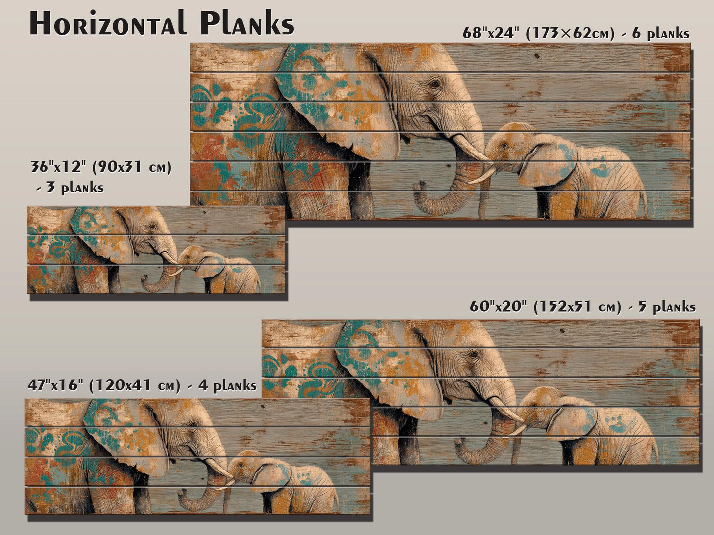 Loving Mother Elephant with Calf on Rustic Wooden Slats, Elephants Wall Art, Elephants Painting, Elephants Print on Wood, Wood Wall Art