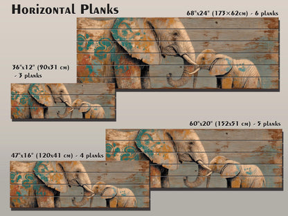 Loving Mother Elephant with Calf on Rustic Wooden Slats, Elephants Wall Art, Elephants Painting, Elephants Print on Wood, Wood Wall Art