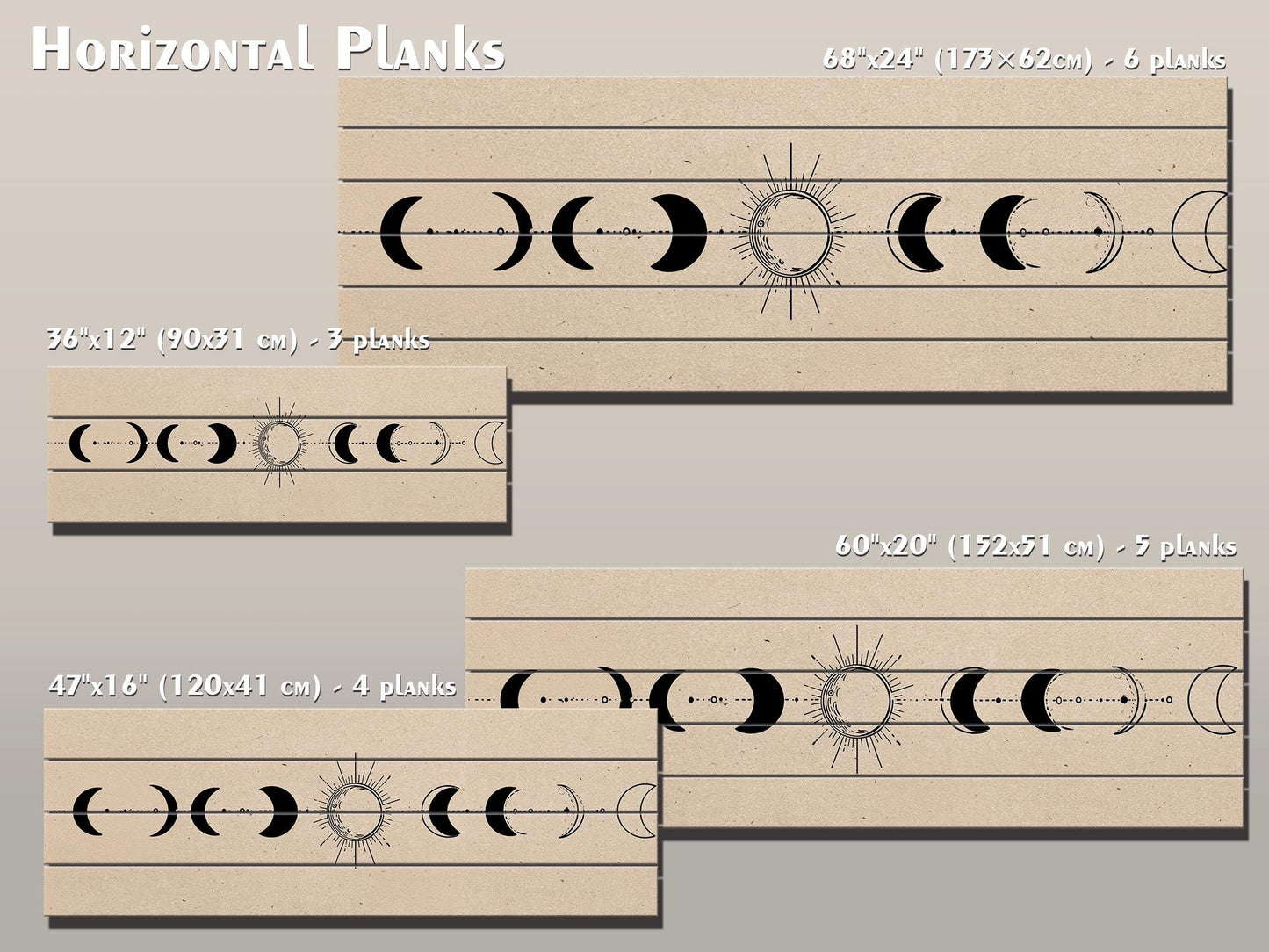 Moon Phases Print on Wood, Minimalist Lunar Cycle Painting, Rustic Wall Decor, Boho Wall Art