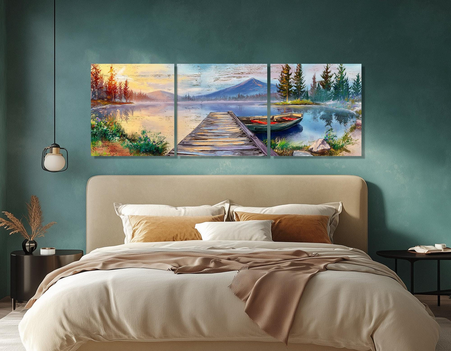 Lake Pier Canvas Print, Mountain Lake and Fishing Boat Painting, Framed & Ready to Hang