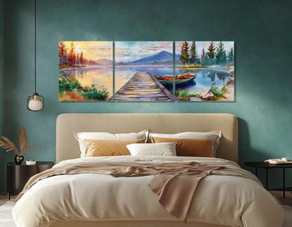 Lake Pier Canvas Print, Mountain Lake and Fishing Boat Painting, Framed & Ready to Hang