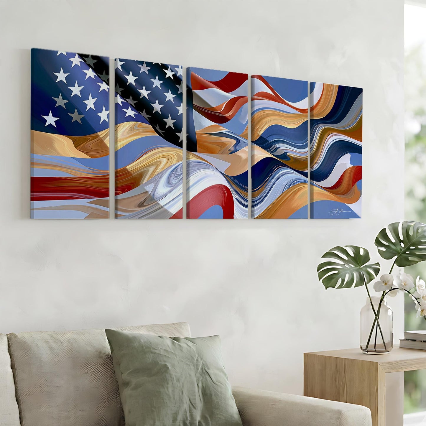 a large, colorful abstract painting of the American flag displayed on a wall above a couch in a living room setting.