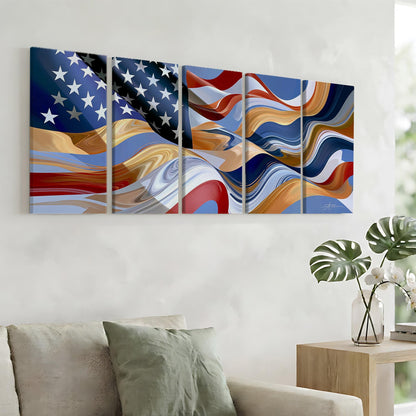 a large, colorful abstract painting of the American flag displayed on a wall above a couch in a living room setting.