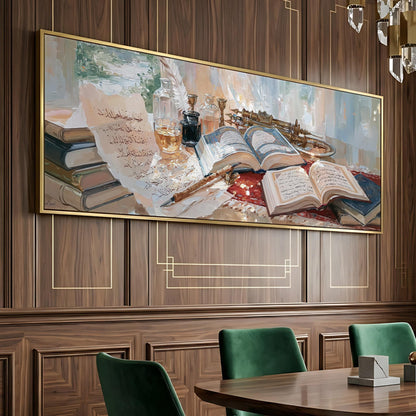 a large painting of a table with books and other objects, hanging on a wooden wall above a dining table with green chairs.