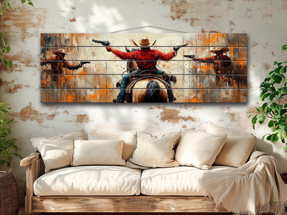 Wild West Wall Art - Retro Style Cowboys Painting Printed on Natural Wood, Western Wall Decor, Western Movie Lover Gift, Wild West Print