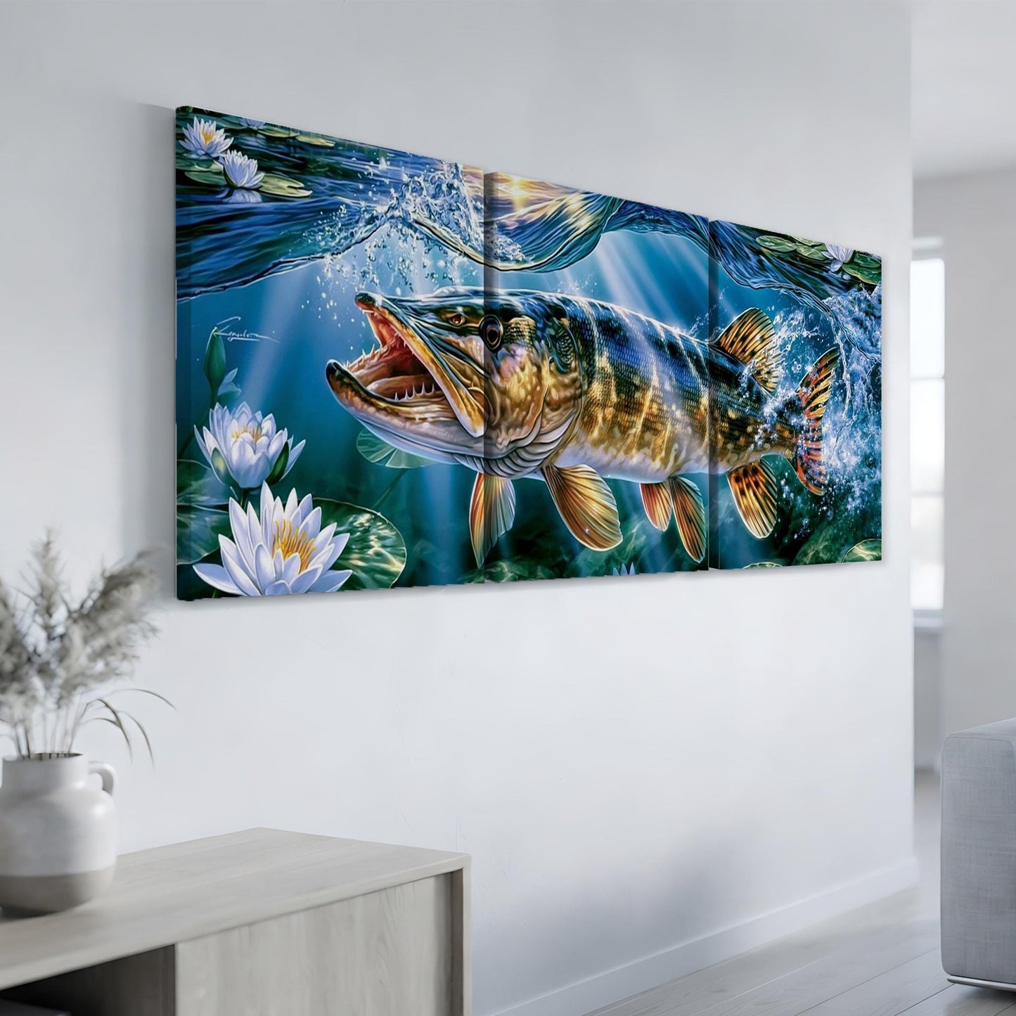 a large, vibrant painting of a fish swimming in a body of water, surrounded by lily pads and other aquatic plants.