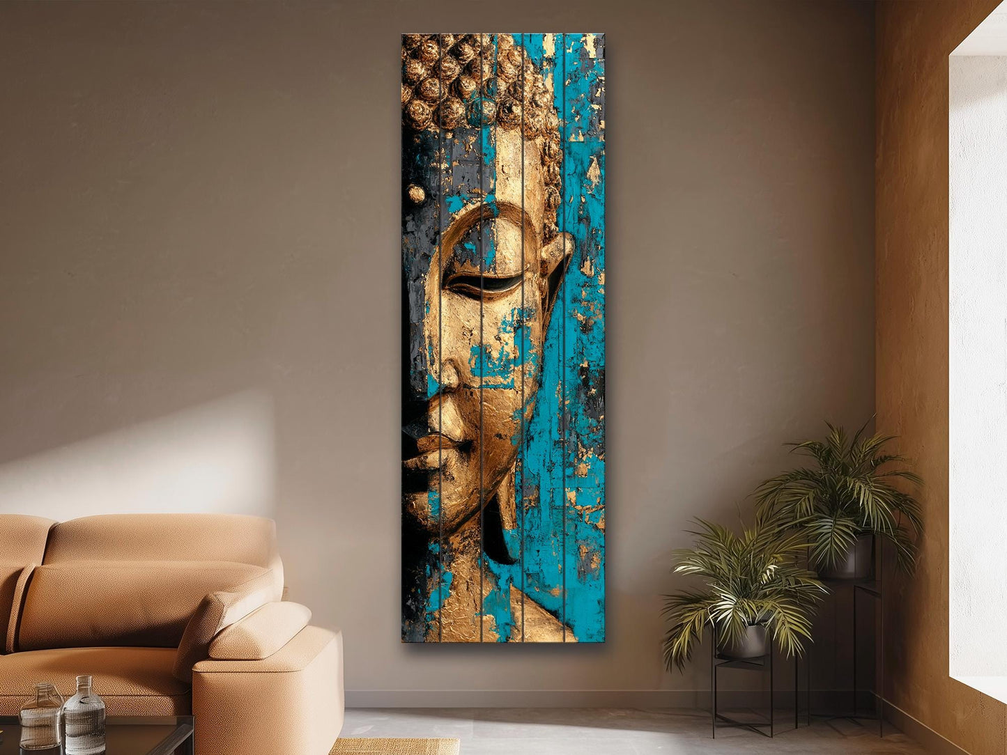 Golden Buddha Wall Art – Turquoise Blue Wooden Print | Rustic Spiritual Decor