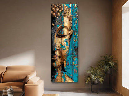 Golden Buddha Wall Art – Turquoise Blue Wooden Print | Rustic Spiritual Decor