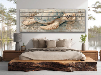 Sea Turtle Wall Art | Rustic Wood Art - Coastal Turtle Artwork on Wood Print