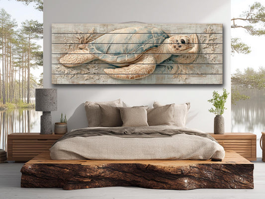 Sea Turtle Wall Art | Rustic Wood Art - Coastal Turtle Artwork on Wood Print