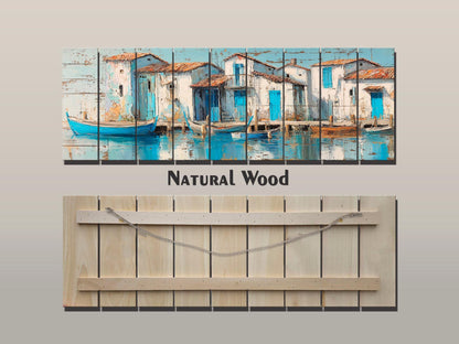 Seaside Village Print – Coastal Wall Art on Rustic Wood with Sky Blue Decor