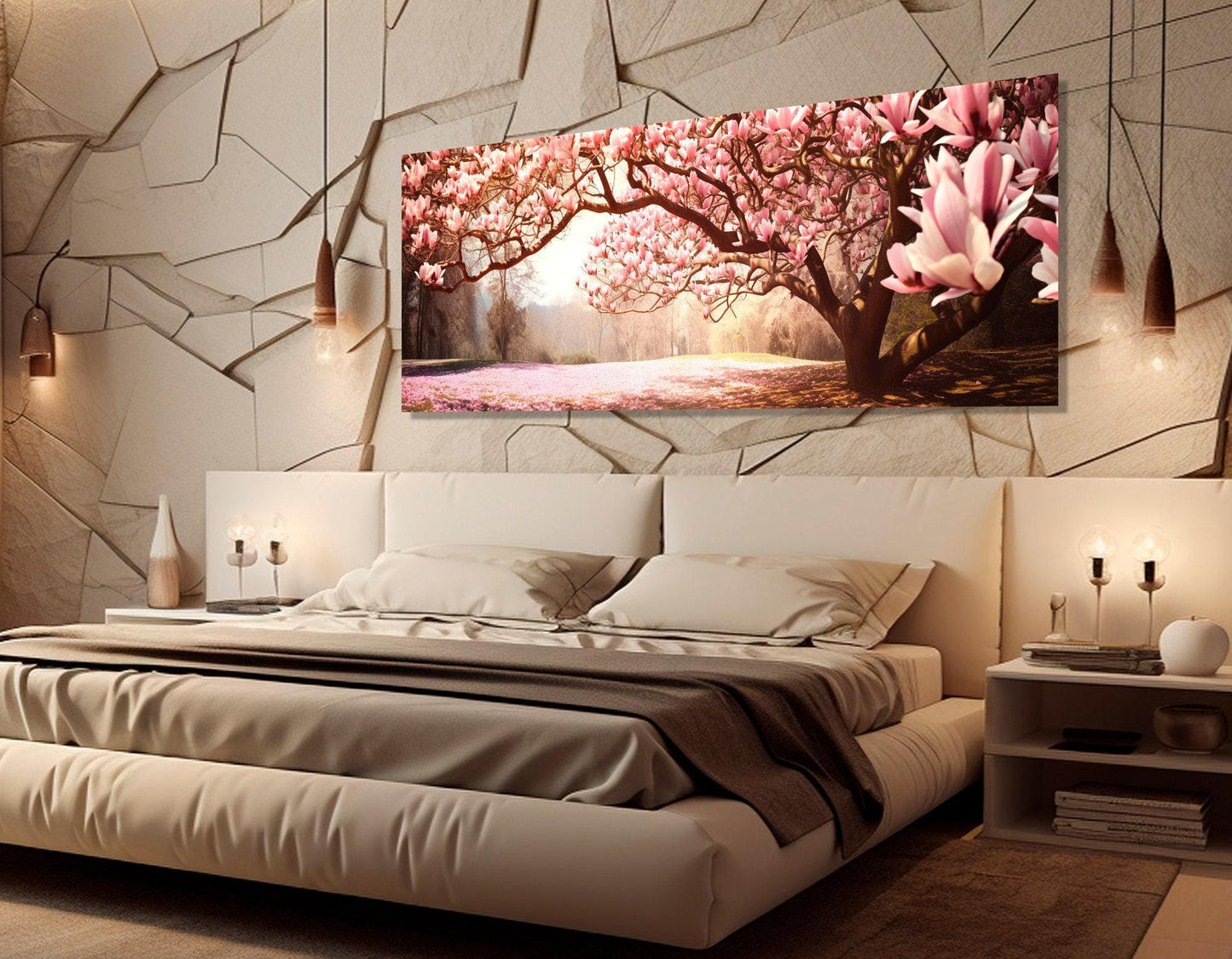 Magnolia Tree Blossom Canvas Print, Magnolia Painting, Large Floral Wall Art, Modern Bedroom Wall Decor, Framed and Ready to Hang
