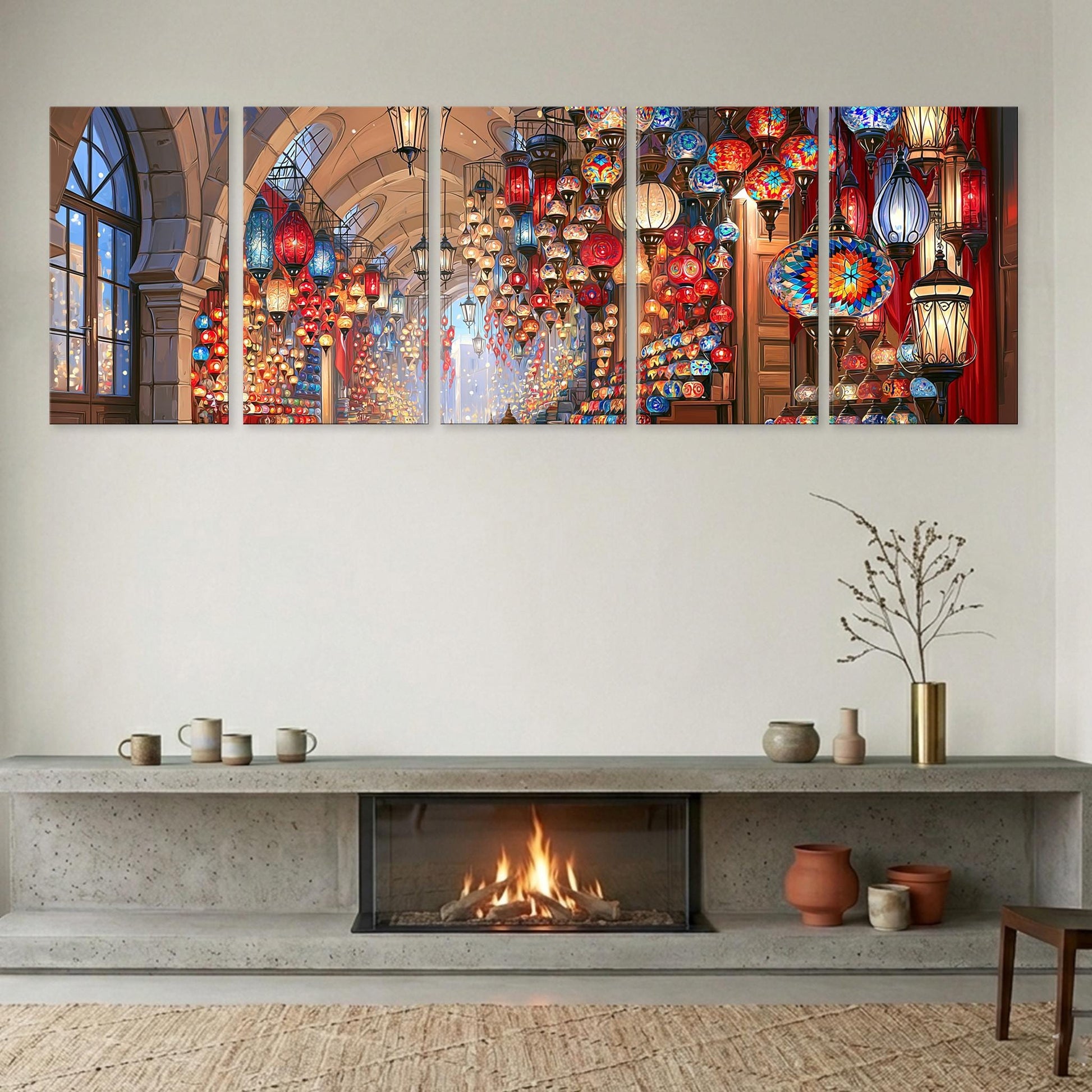 a cozy living room with a fireplace, a large wall-mounted art collage depicting a vibrant and colorful display of lanterns, and various decorative elements such as vases and a potted plant.