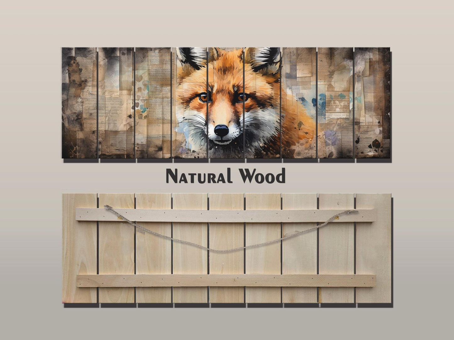 Fox Print Wood - Rustic Wood Art | Woodland Wall Decor With Beige Forest Painting