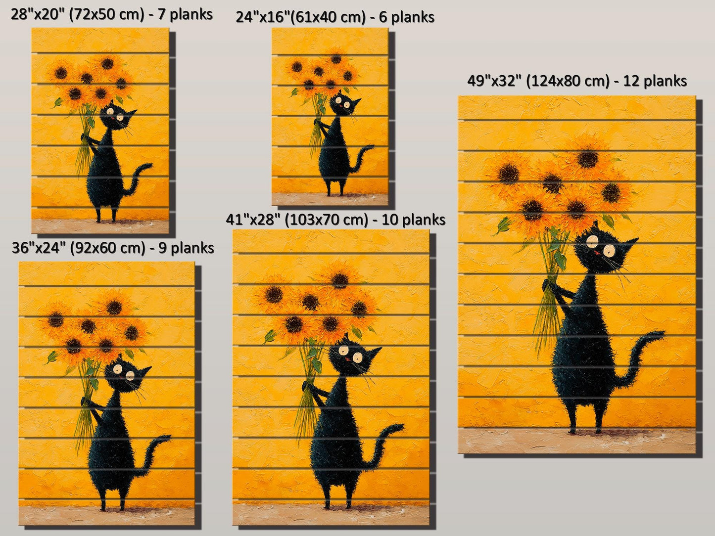Wood Wall Art – Black Cat Painting with Sunflowers | Minimalist Rustic Decor