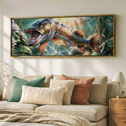 a large painting of a fish with a colorful, detailed depiction of its features, including its mouth, fins, and scales, hanging on a wall above a beige couch with decorative pillows.