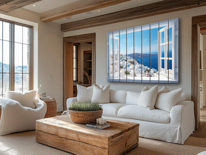 Santorini Wood Art - Natural Wood Print | Open Window Wall Decor on Planks
