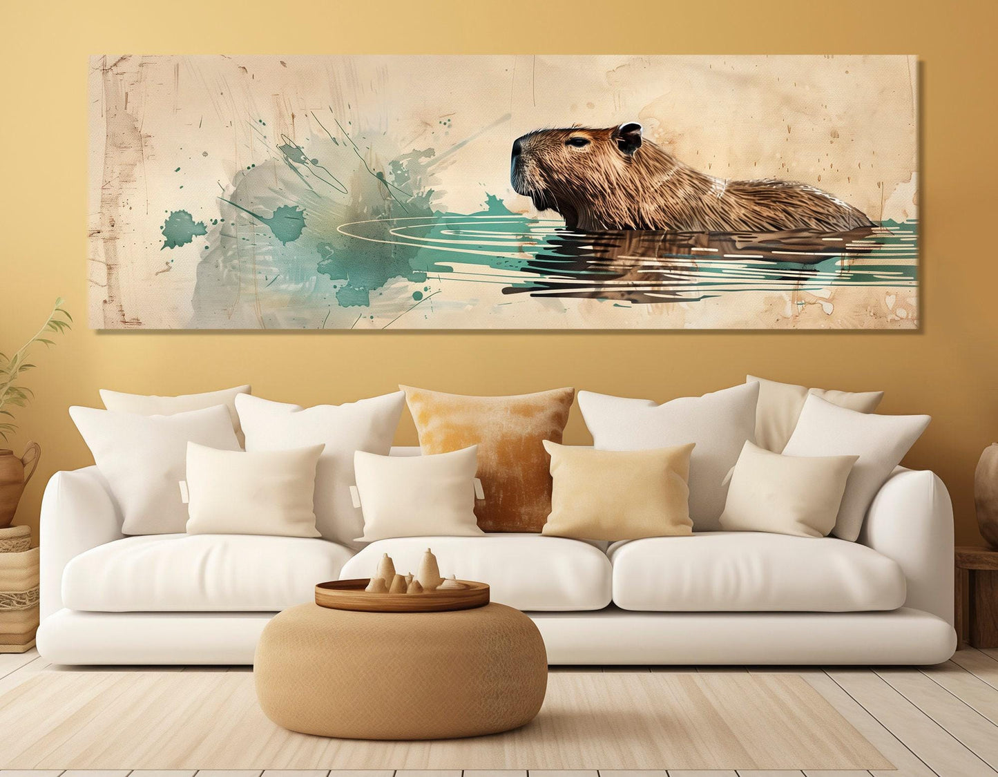 Capybara Swimming in Lake Painting Canvas Print, Large Capybara Wall Art, Modern Nursery Wall Decor, Framed and Ready to Hang
