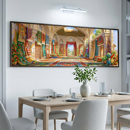 a large, ornate, and colorful interior with arched doorways, columns, and decorative elements. The room is filled with various objects, including a vase, a potted plant, and a table set with plates and silverware.