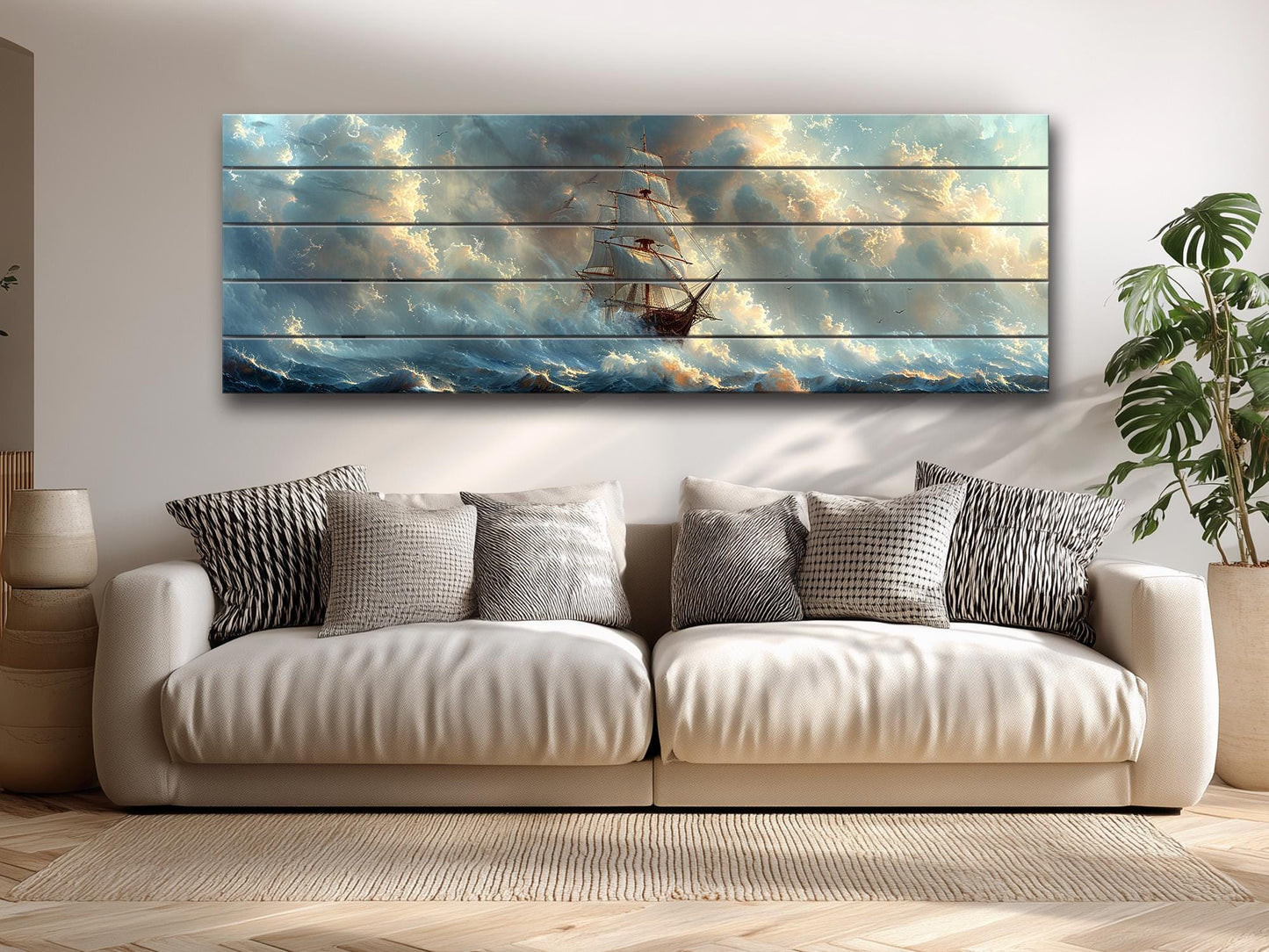 Wood Wall Art – Vintage Sailing Boat Stormy Sea Painting on Natural Wood Planks