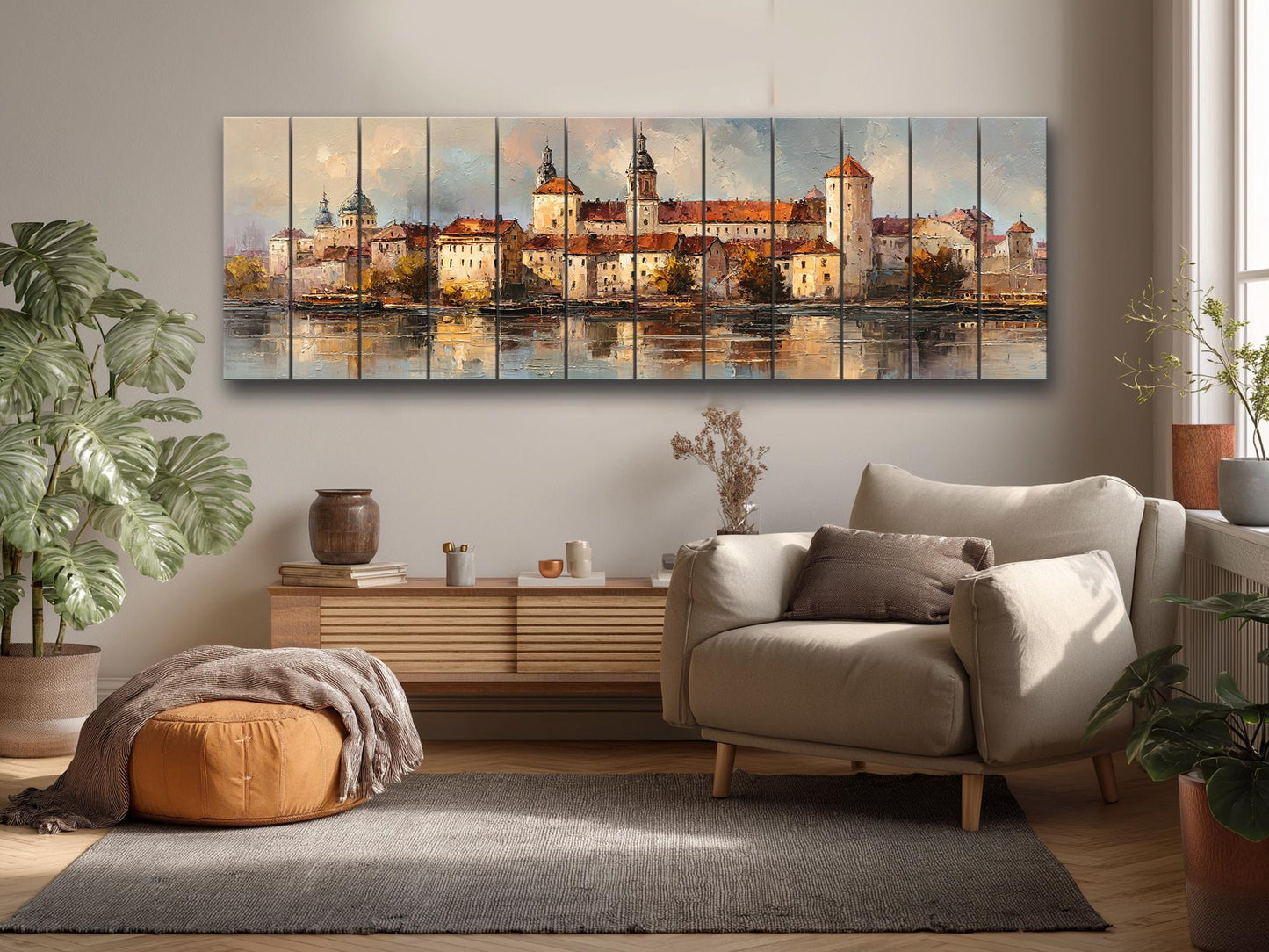 Krakow Skyline Wood Print – Rustic Wall Art With Castle River Painting On Distressed Wood