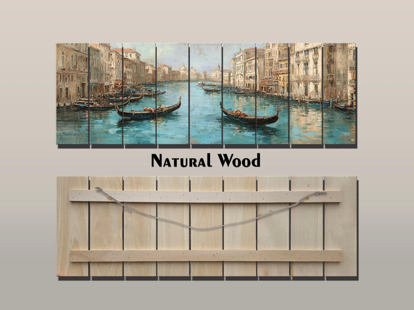 Venice Canal Painting – Turquoise Beige Gondola Art Print on Wooden Wall Decor