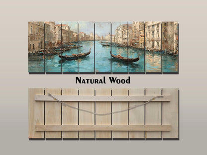 Venice Canal Painting – Turquoise Beige Gondola Art Print on Wooden Wall Decor