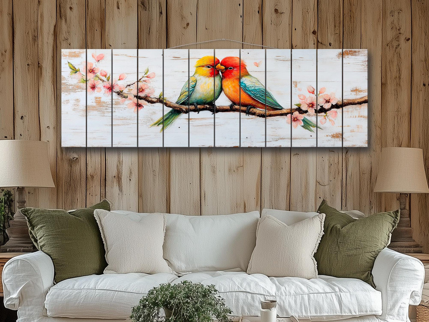 Lovebirds Wood Wall Art – Romantic Cherry Tree Artwork | Rustic Bedroom Decor