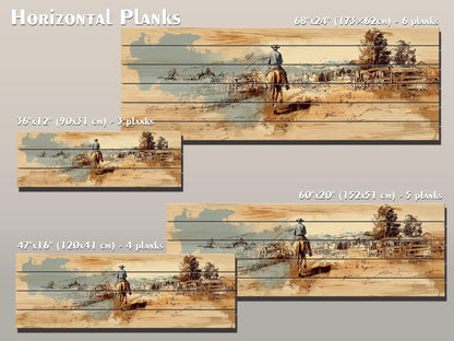 Cowboy Wall Art – Lone Rider Prairie Painting on Rustic Wood Print
