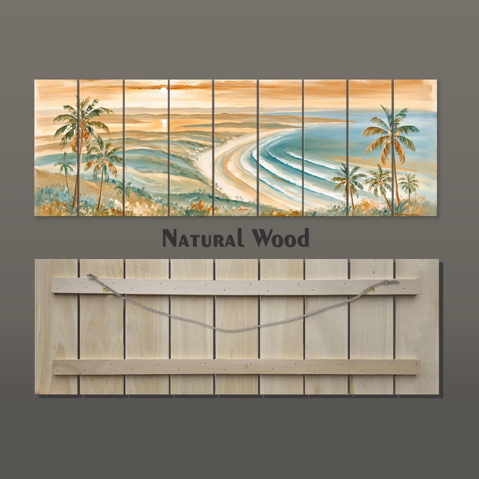 The image is a collage of multiple images depicting a tropical beach scene with palm trees, a sunset, and a body of water.