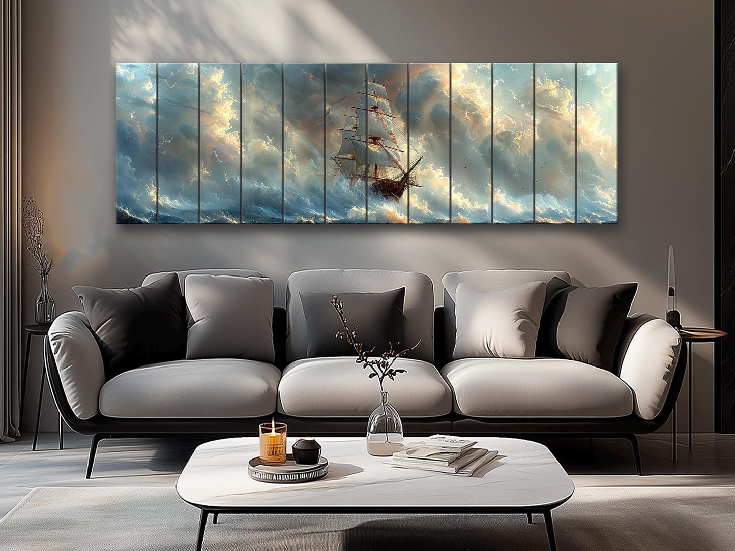 Wood Wall Art – Vintage Sailing Boat Stormy Sea Painting on Natural Wood Planks
