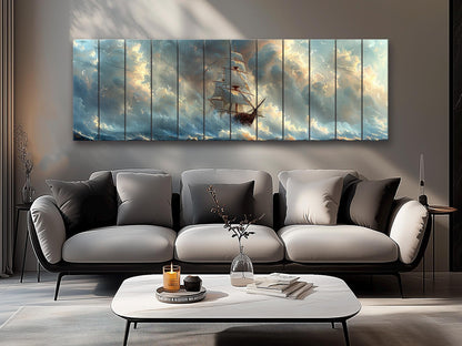 Wood Wall Art – Vintage Sailing Boat Stormy Sea Painting on Natural Wood Planks