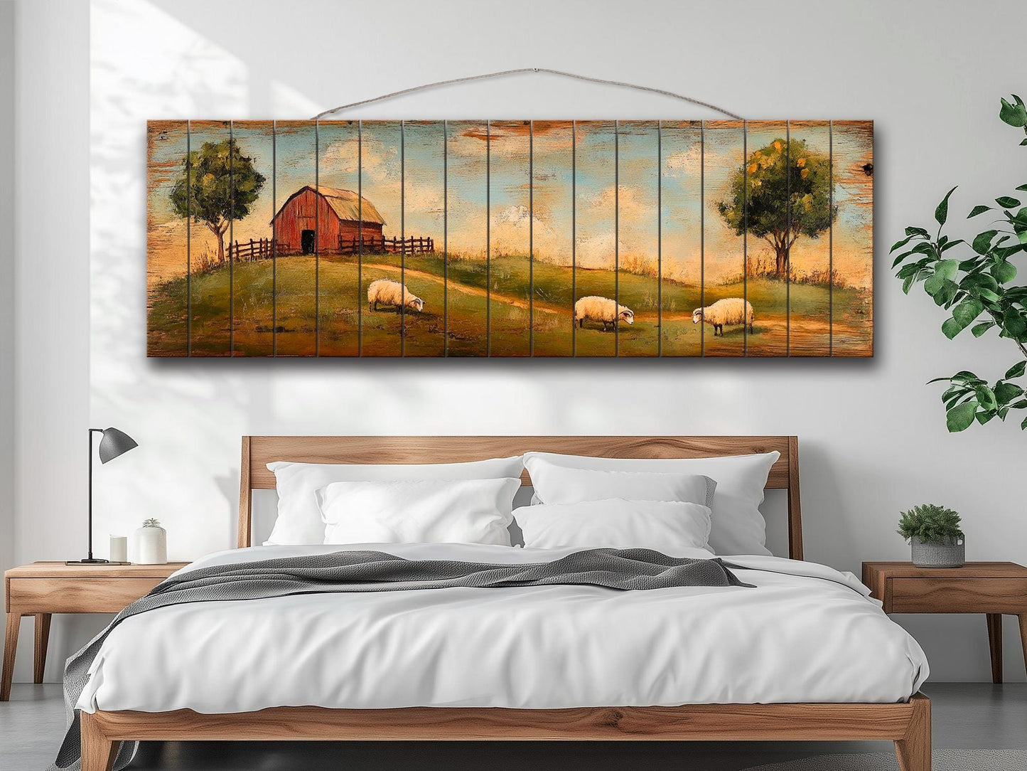 Rustic Wooden Wall Art - Sheep Grazing Print on Natural Wood for Cozy Cabin Decor