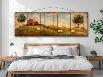 Rustic Wooden Wall Art - Sheep Grazing Print on Natural Wood for Cozy Cabin Decor