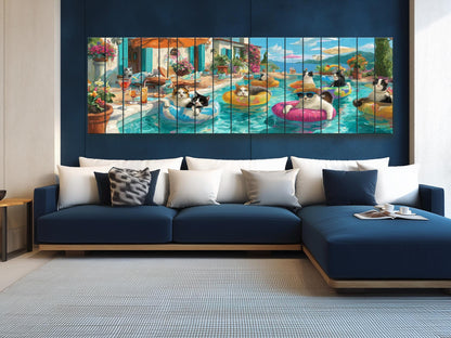 Funny Cat Wall Art – Playful Cat Pool Party Print on Rustic Wood Decor
