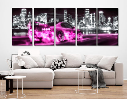 Pink Retro Sports Car | Neon Car Poster - Black and White Cityscape Wall Art