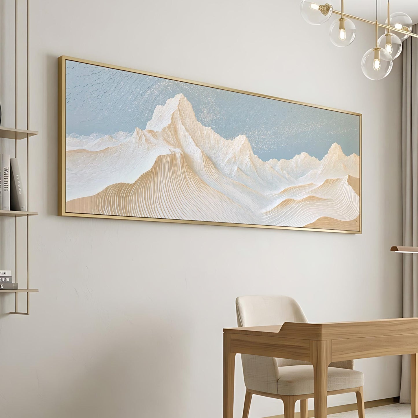 a large, framed painting of a mountain landscape hanging on a wall. Below the painting, there is a wooden desk with a chair, suggesting a workspace or study area.